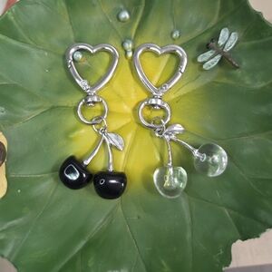 Silver Cherry-Shaped Bag Charm Keychains, Black & Clear, NEW